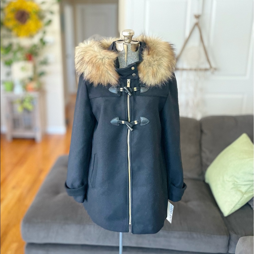 Nine West black and gold duffle jacket with faux fur hood